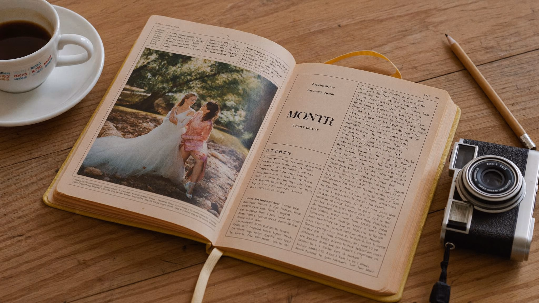 An open calendar beside a film camera